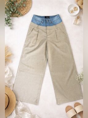 Wide Leg Two-Tone Waist Pants — Beige with Denim Waistband